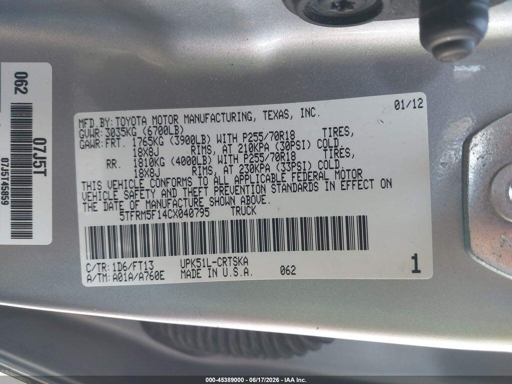 5TFRM5F14CX040795 2012 TOYOTA TUNDRA photo no. 9