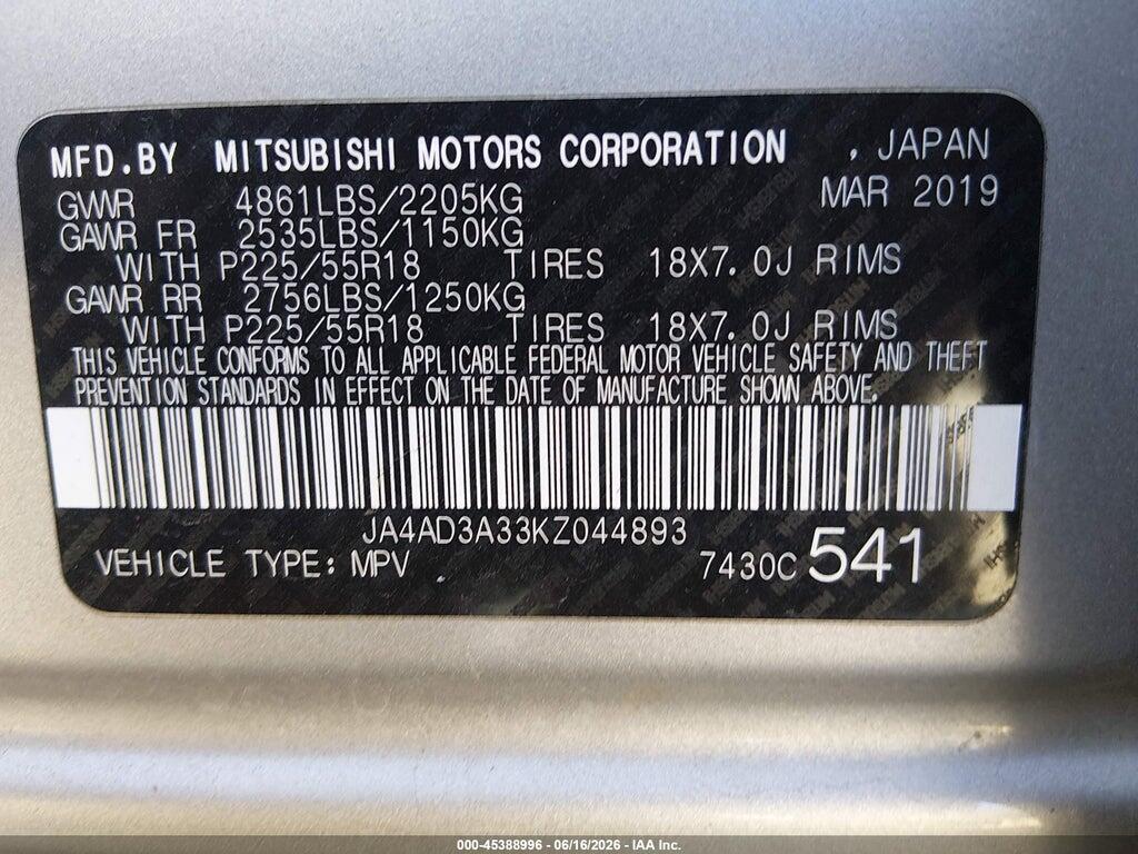 JA4AD3A33KZ044893 2019 MITSUBISHI OUTLANDER photo no. 9