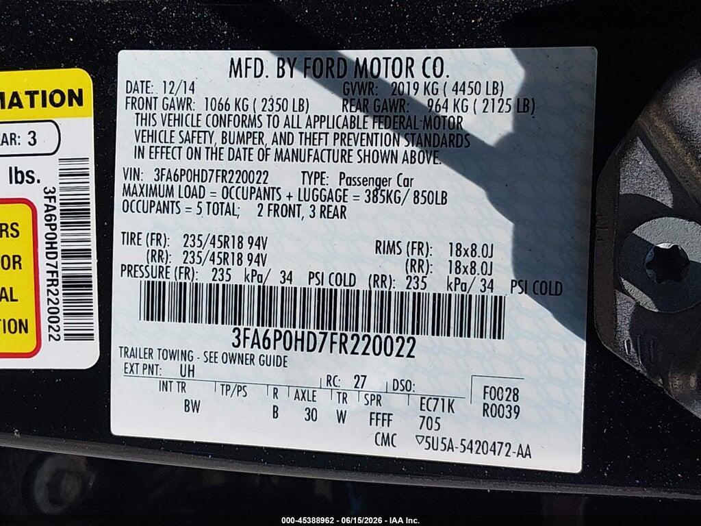 3FA6P0HD7FR220022 2015 FORD FUSION photo no. 9