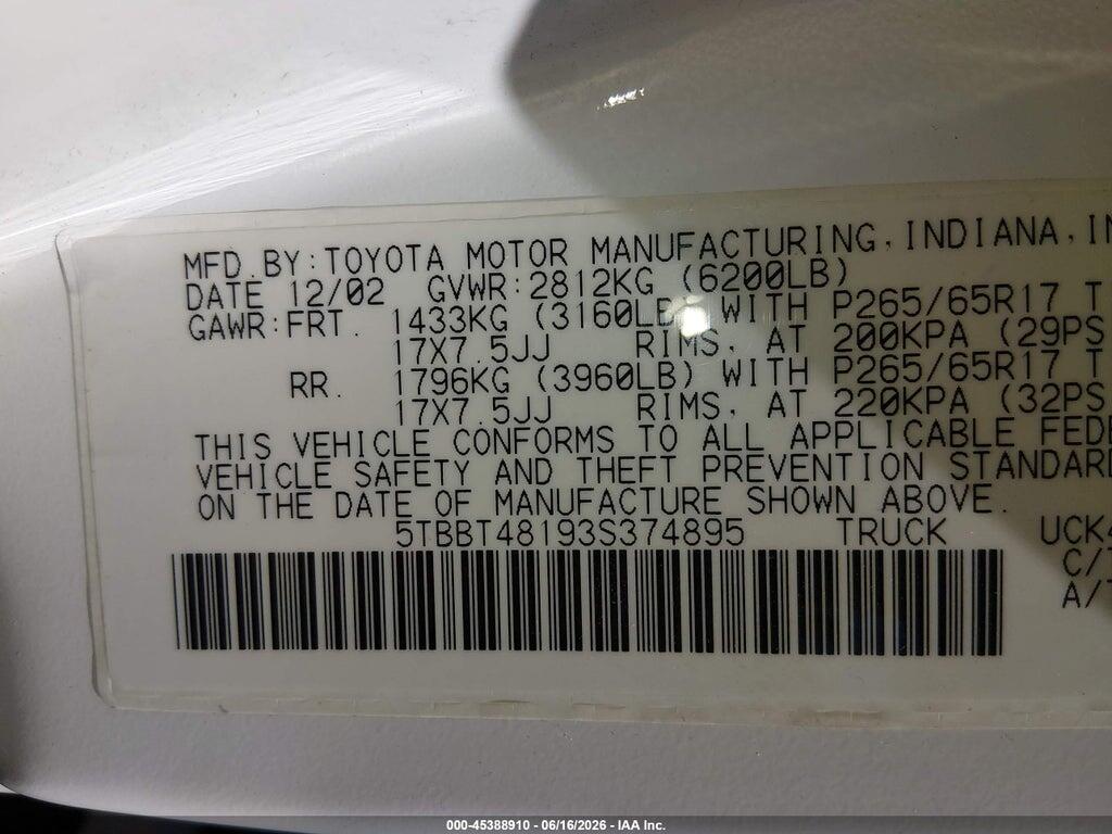 5TBBT48193S374895 2003 TOYOTA TUNDRA photo no. 9