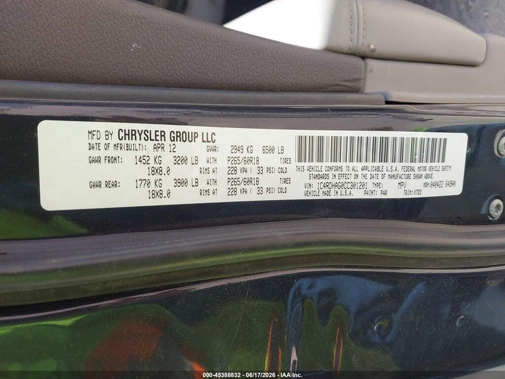 1C4RDHAG0CC301201 2012 DODGE DURANGO photo no. 9