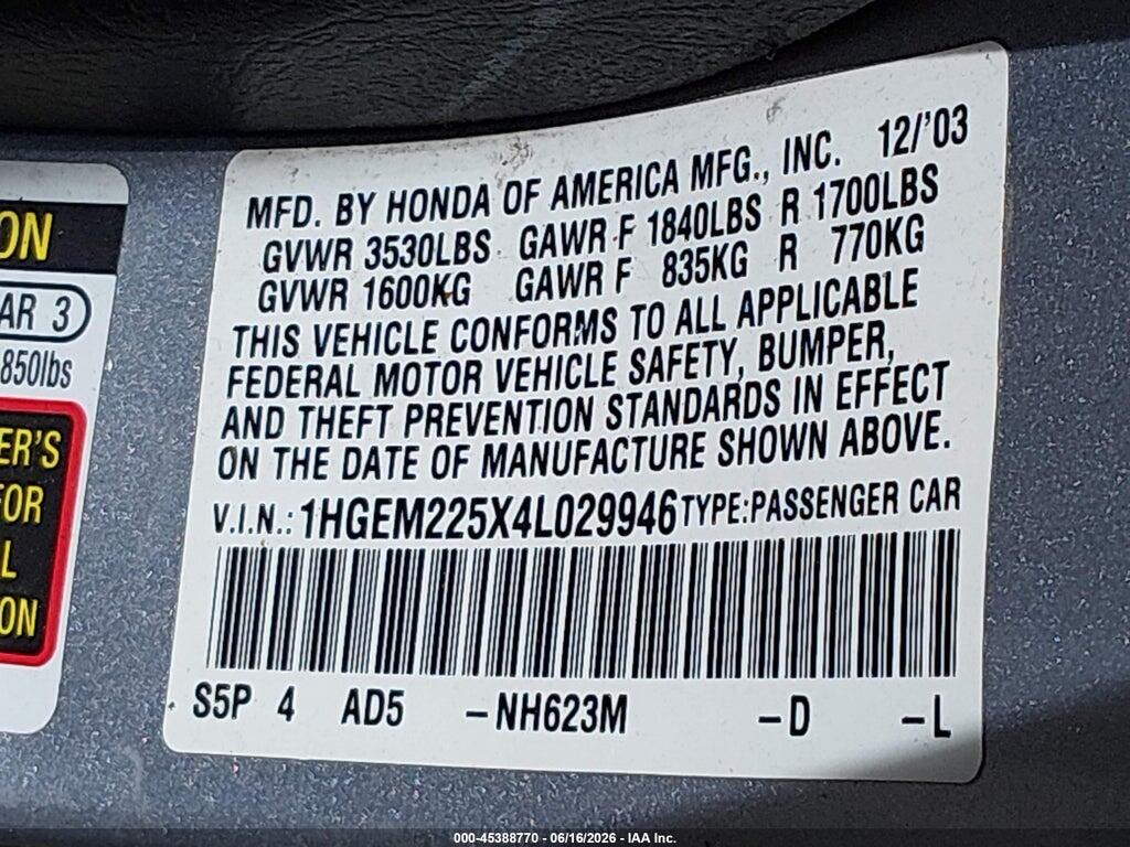 1HGEM225X4L029946 2004 HONDA CIVIC photo no. 9