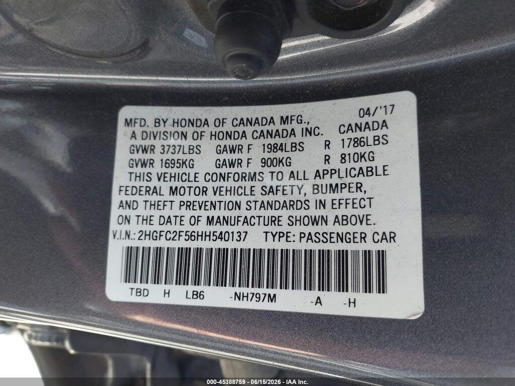 2HGFC2F56HH540137 2017 HONDA CIVIC photo no. 9