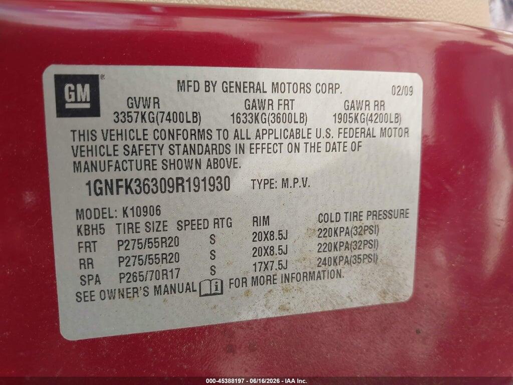 1GNFK36309R191930 2009 CHEVROLET SUBURBAN 1500 photo no. 9