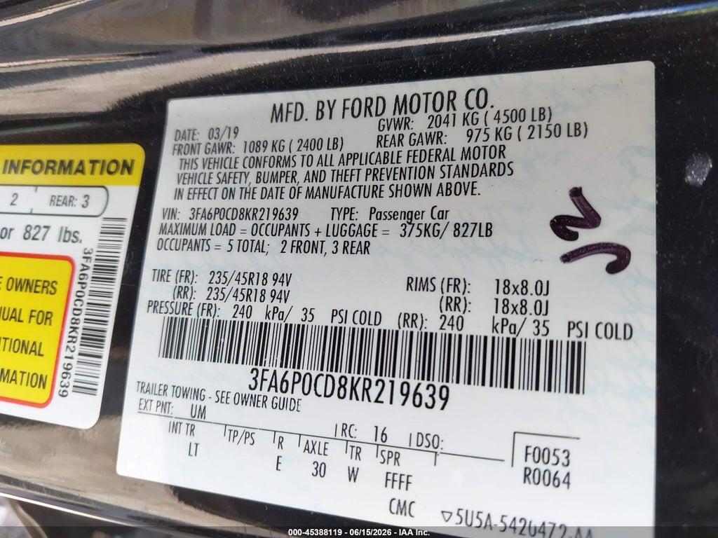 3FA6P0CD8KR219639 2019 FORD FUSION photo no. 9