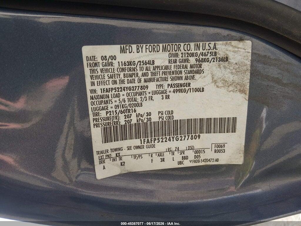 1FAFP5224YG277809 2000 FORD TAURUS photo no. 9