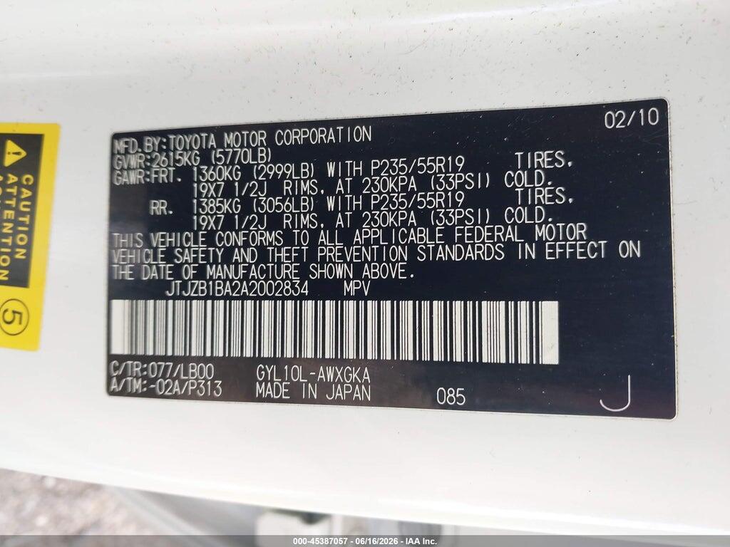 JTJZB1BA2A2002834 2010 LEXUS RX 450H photo no. 9