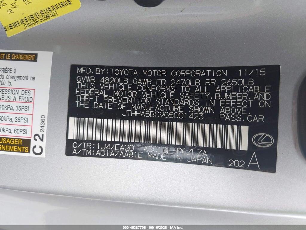 JTHHA5BC9G5001423 2016 LEXUS RC 200T photo no. 9