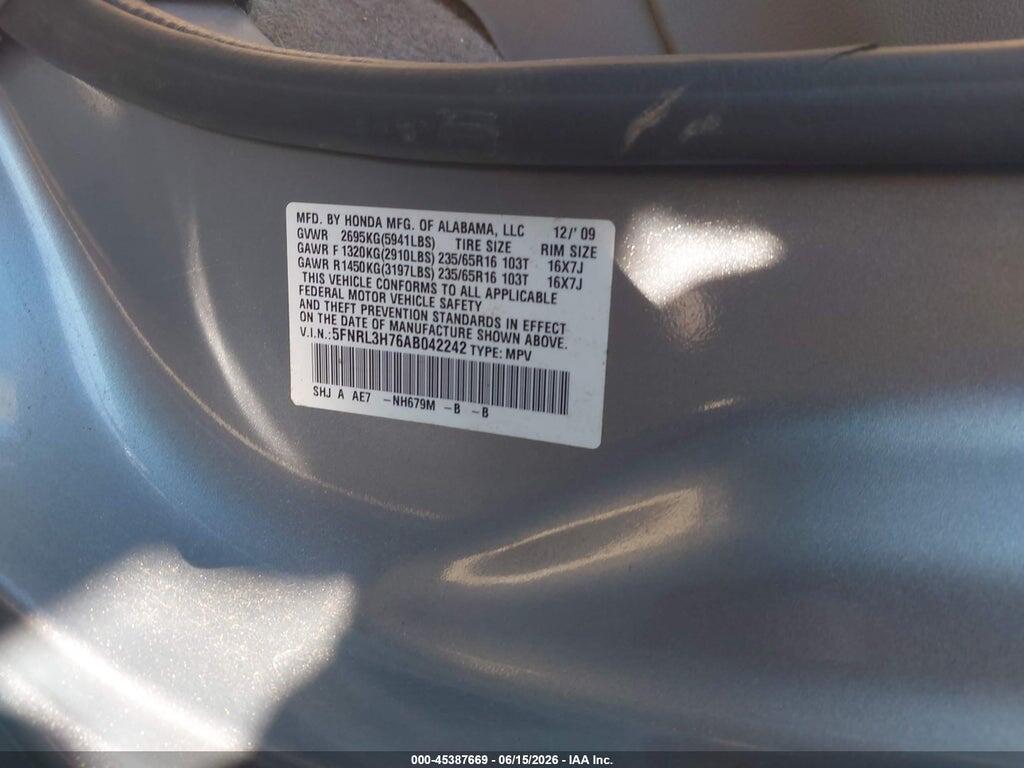 5FNRL3H76AB042242 2010 HONDA ODYSSEY photo no. 9
