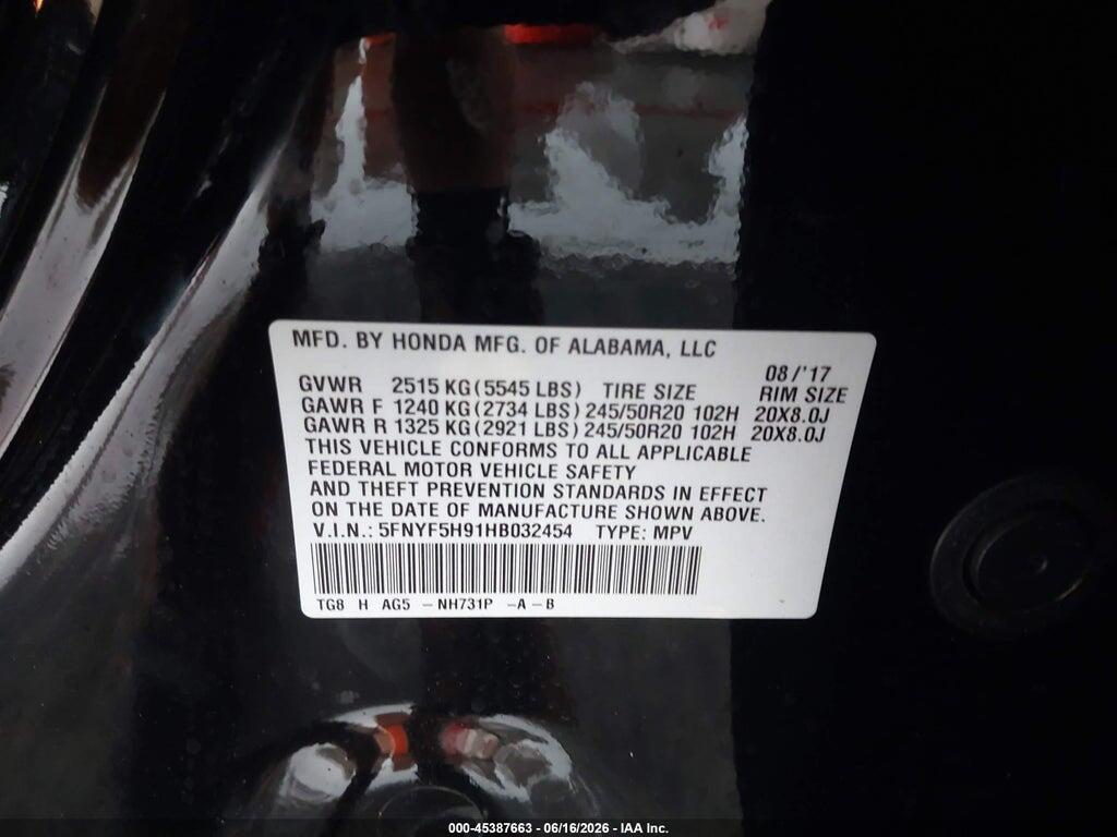 5FNYF5H91HB032454 2017 HONDA PILOT photo no. 9
