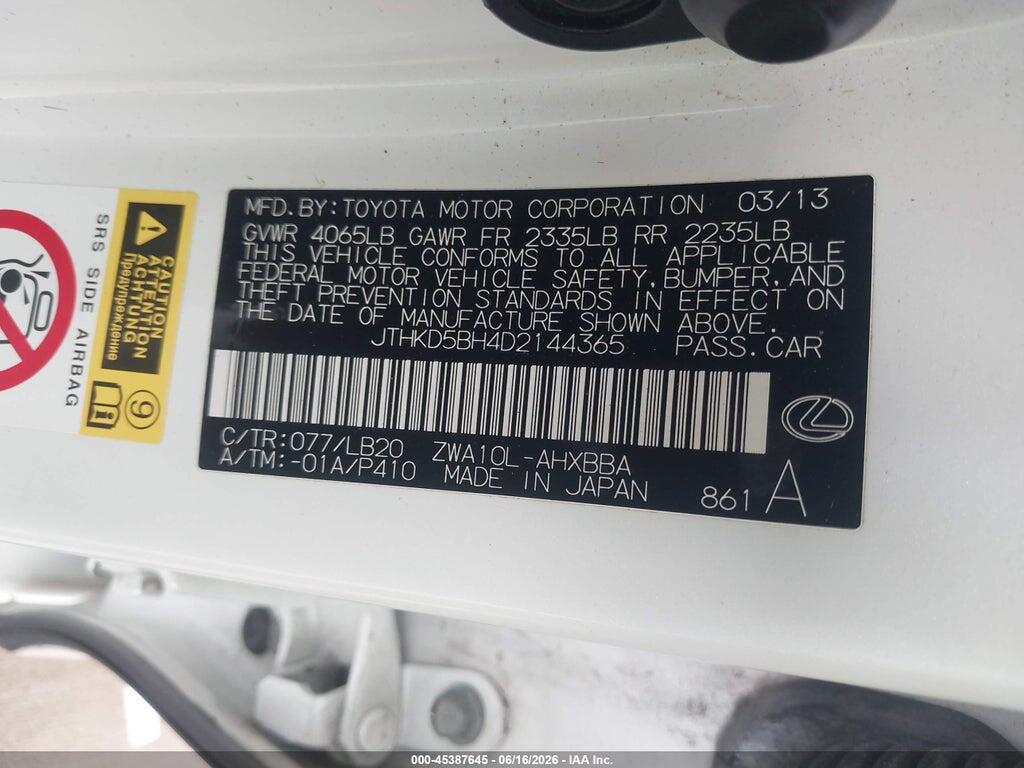JTHKD5BH4D2144365 2013 LEXUS CT 200H photo no. 9
