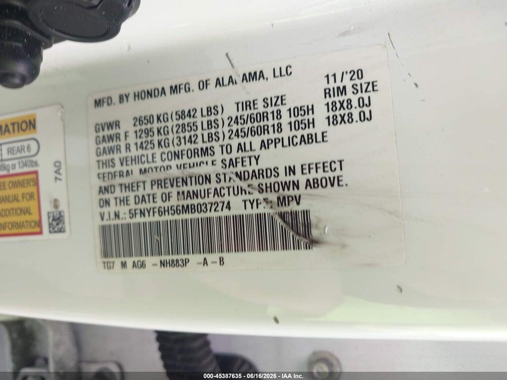 5FNYF6H56MB037274 2021 HONDA PILOT photo no. 9