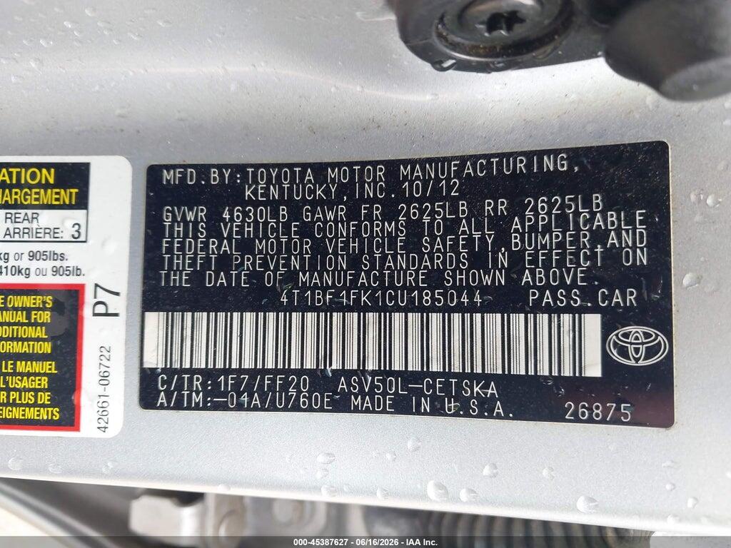 4T1BF1FK1CU185044 2012 TOYOTA CAMRY photo no. 9