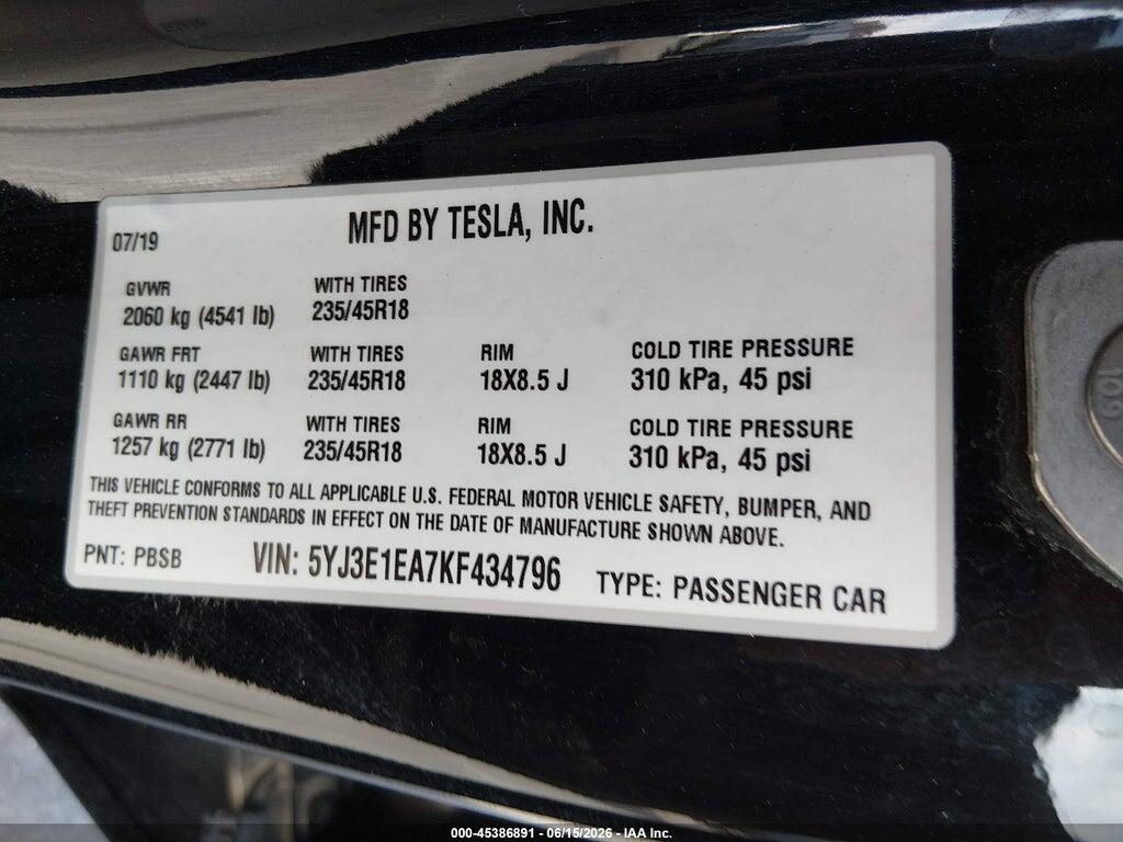 5YJ3E1EA7KF434796 2019 TESLA MODEL 3 photo no. 9