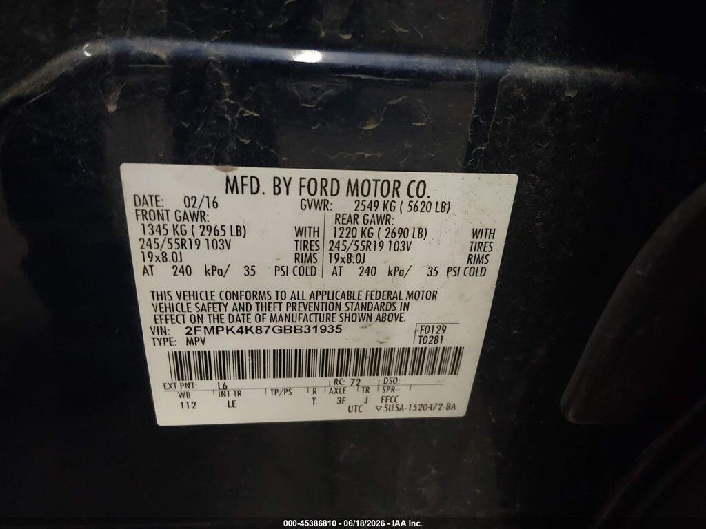 2FMPK4K87GBB31935 2016 FORD EDGE photo no. 9