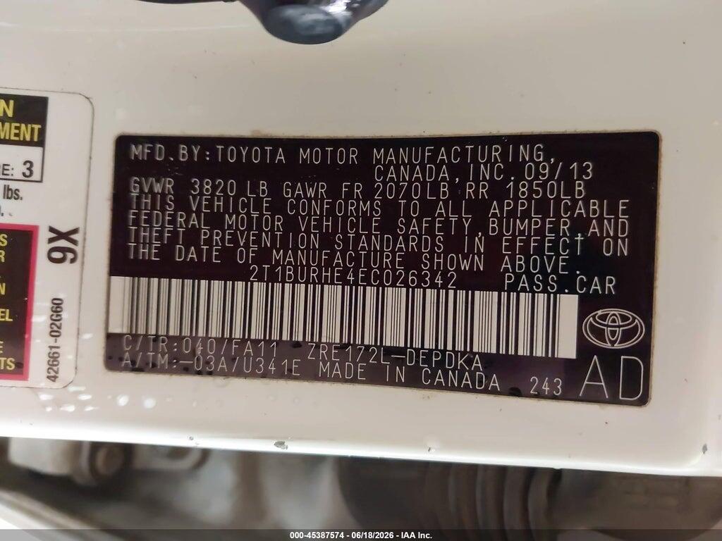 2T1BURHE4EC026342 2014 TOYOTA COROLLA photo no. 9
