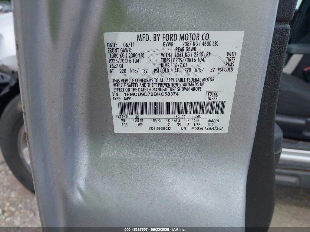 1FMCU9D72BKC58374 2011 FORD ESCAPE photo no. 9