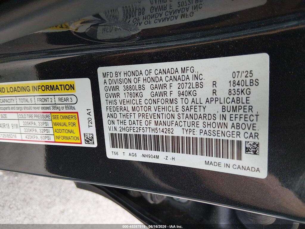 2HGFE2F57TH514262 2026 HONDA CIVIC photo no. 9