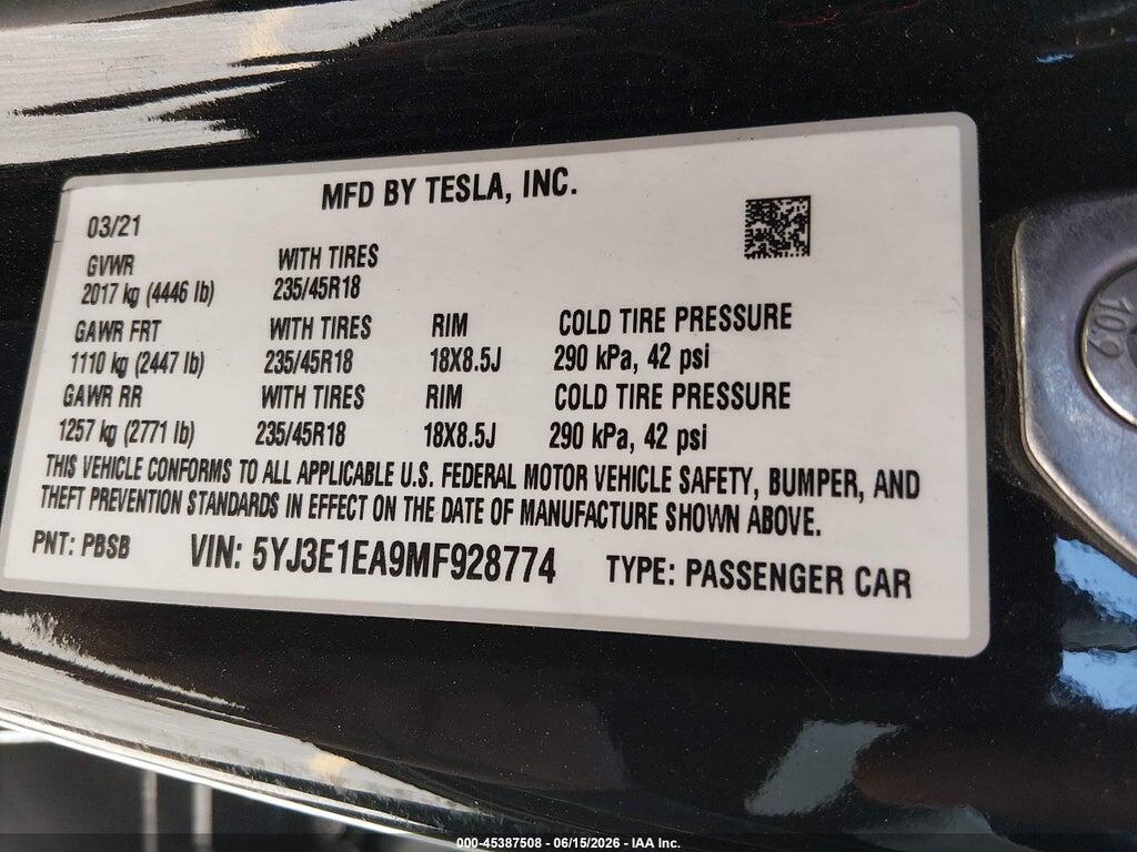 5YJ3E1EA9MF928774 2021 TESLA MODEL 3 photo no. 9