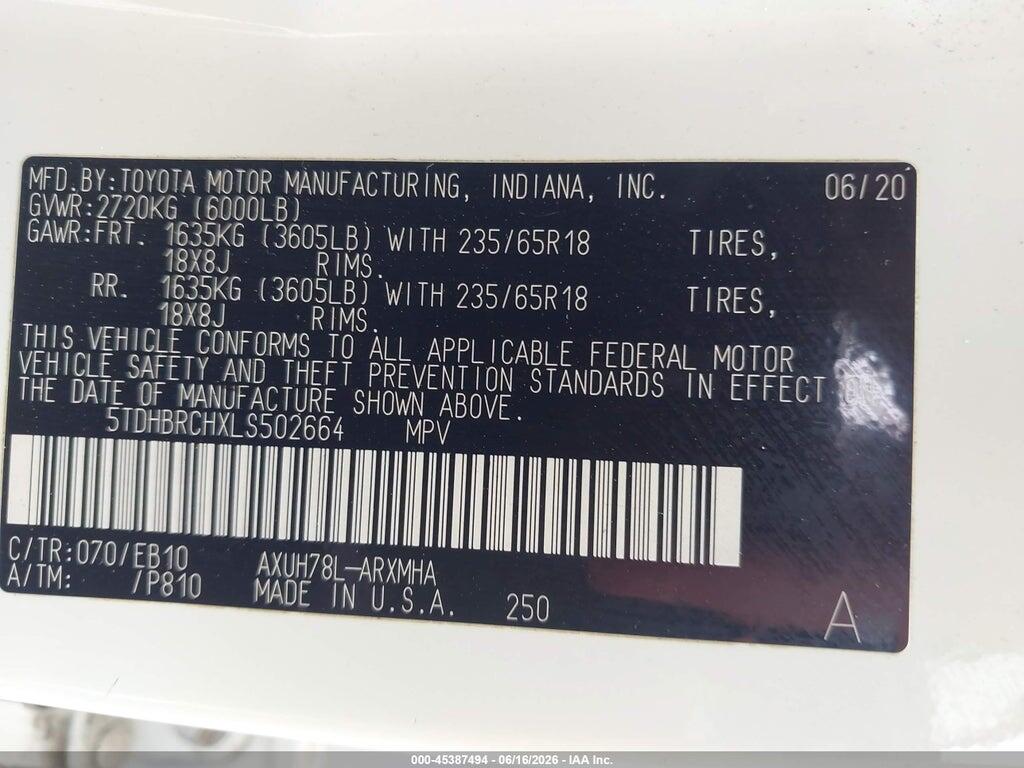 5TDHBRCHXLS502664 2020 TOYOTA HIGHLANDER photo no. 9