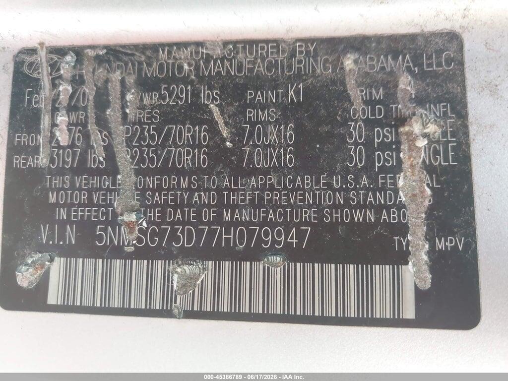 5NMSG73D77H079947 2007 HYUNDAI SANTA FE photo no. 9