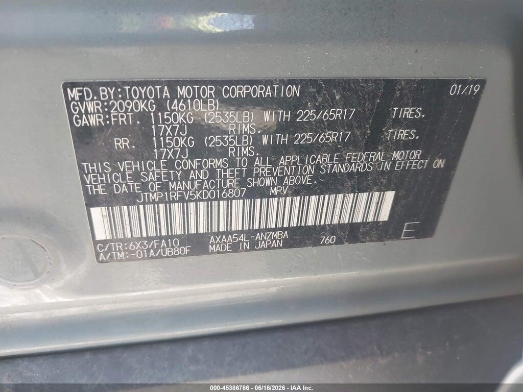 JTMP1RFV5KD016807 2019 TOYOTA RAV4 photo no. 9