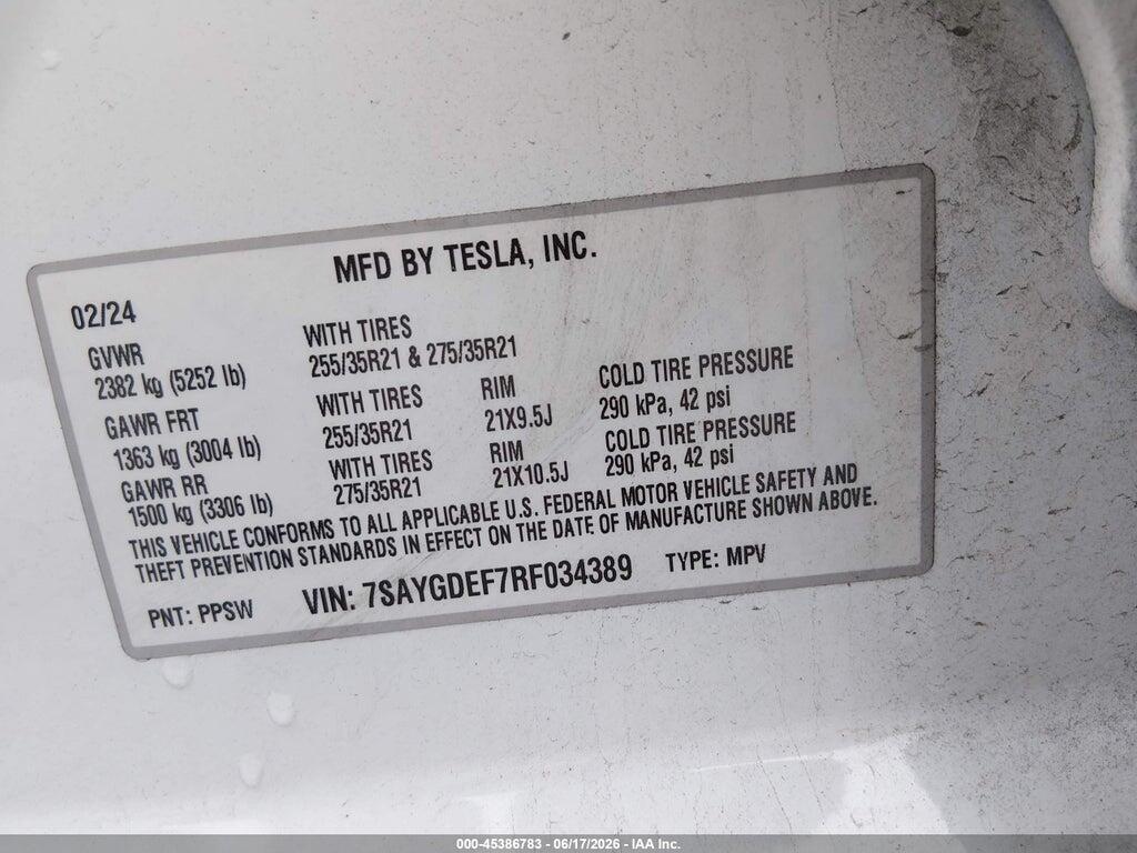 7SAYGDEF7RF034389 2024 TESLA MODEL Y photo no. 9