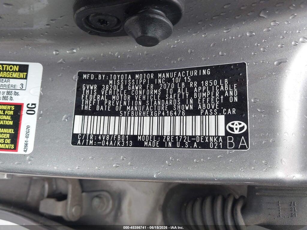 5YFBURHEXGP416476 2016 TOYOTA COROLLA photo no. 9