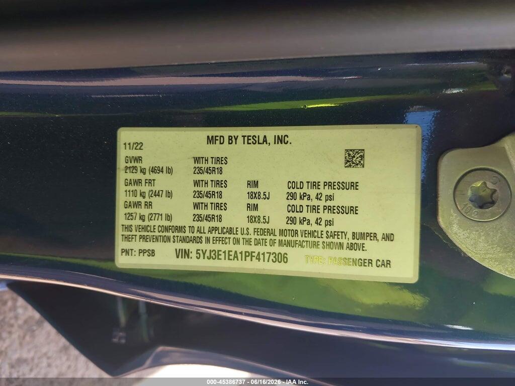 5YJ3E1EA1PF417306 2023 TESLA MODEL 3 photo no. 9