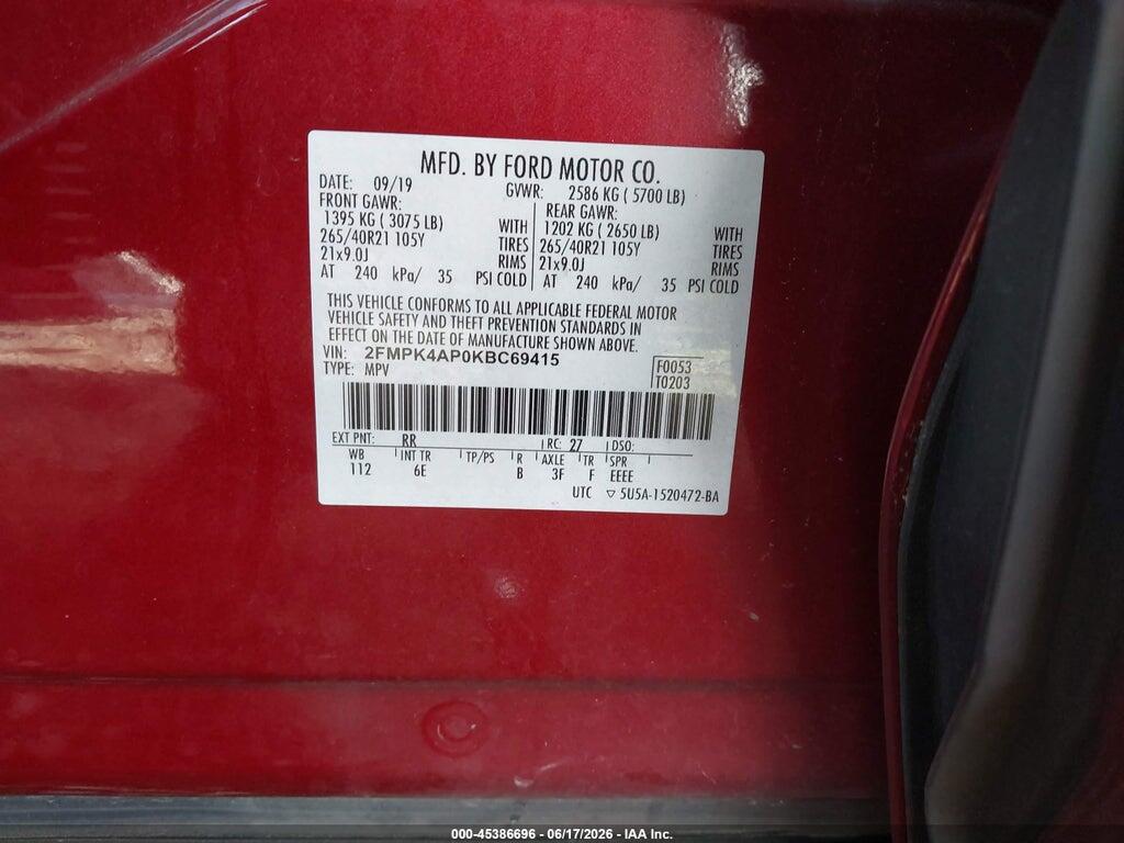 2FMPK4AP0KBC69415 2019 FORD EDGE photo no. 9