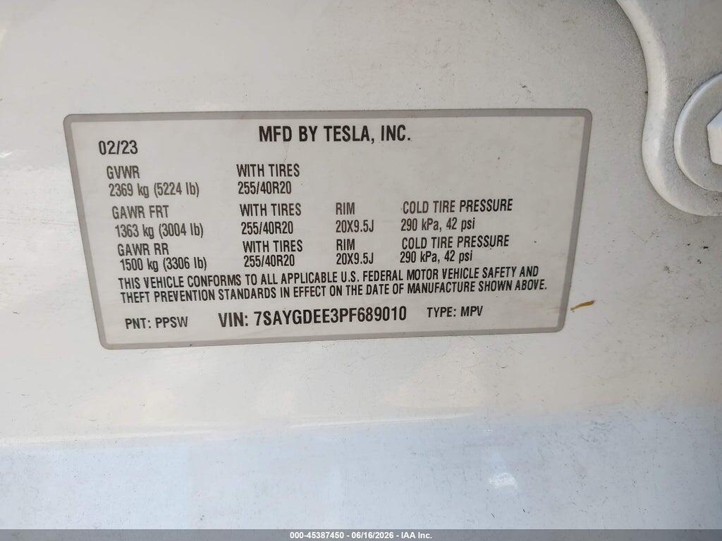 7SAYGDEE3PF689010 2023 TESLA MODEL Y photo no. 9