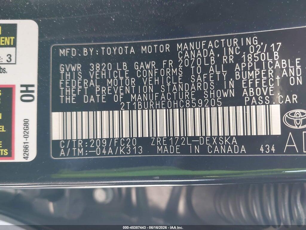 2T1BURHE0HC859205 2017 TOYOTA COROLLA photo no. 9
