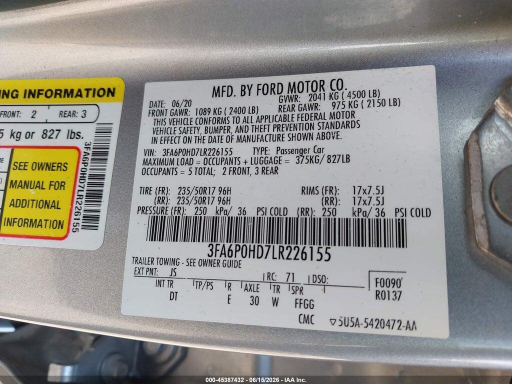 3FA6P0HD7LR226155 2020 FORD FUSION photo no. 9