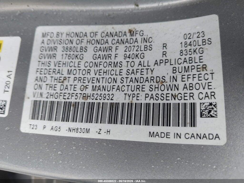 2HGFE2F57PH525932 2023 HONDA CIVIC photo no. 9