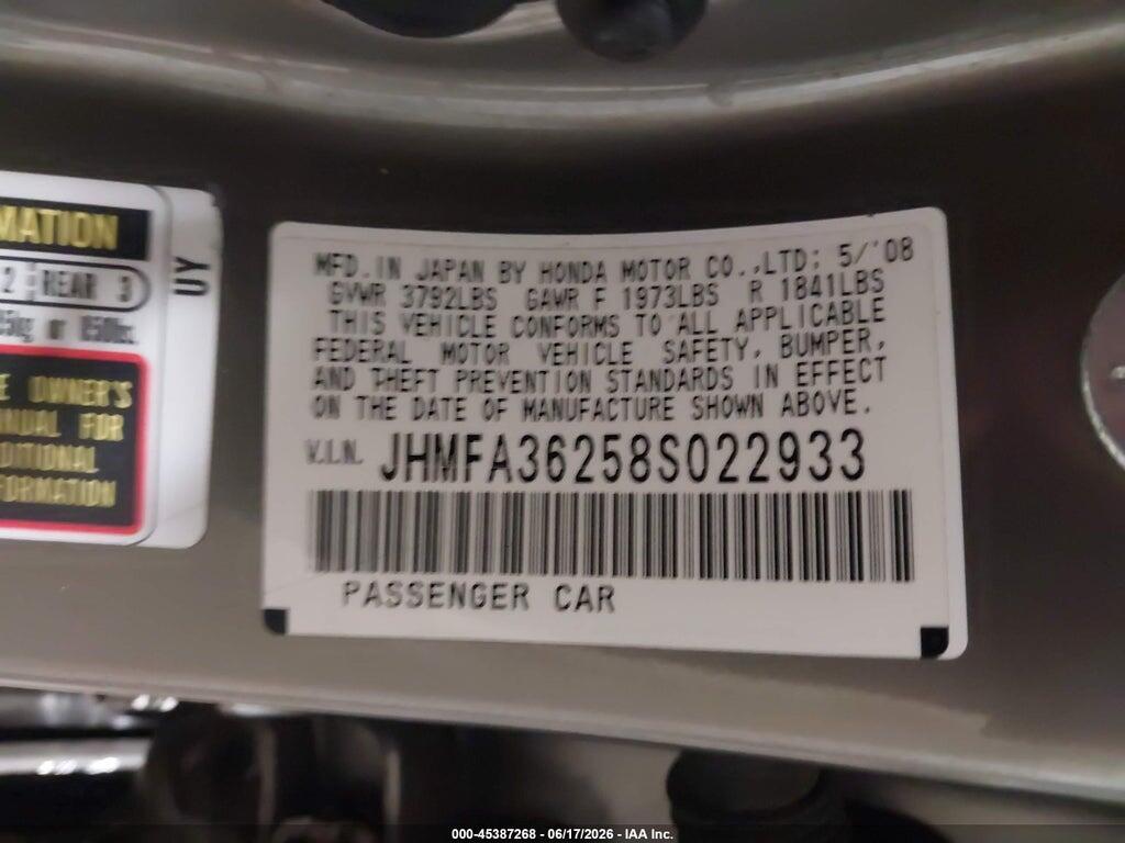 JHMFA36258S022933 2008 HONDA CIVIC HYBRID photo no. 9