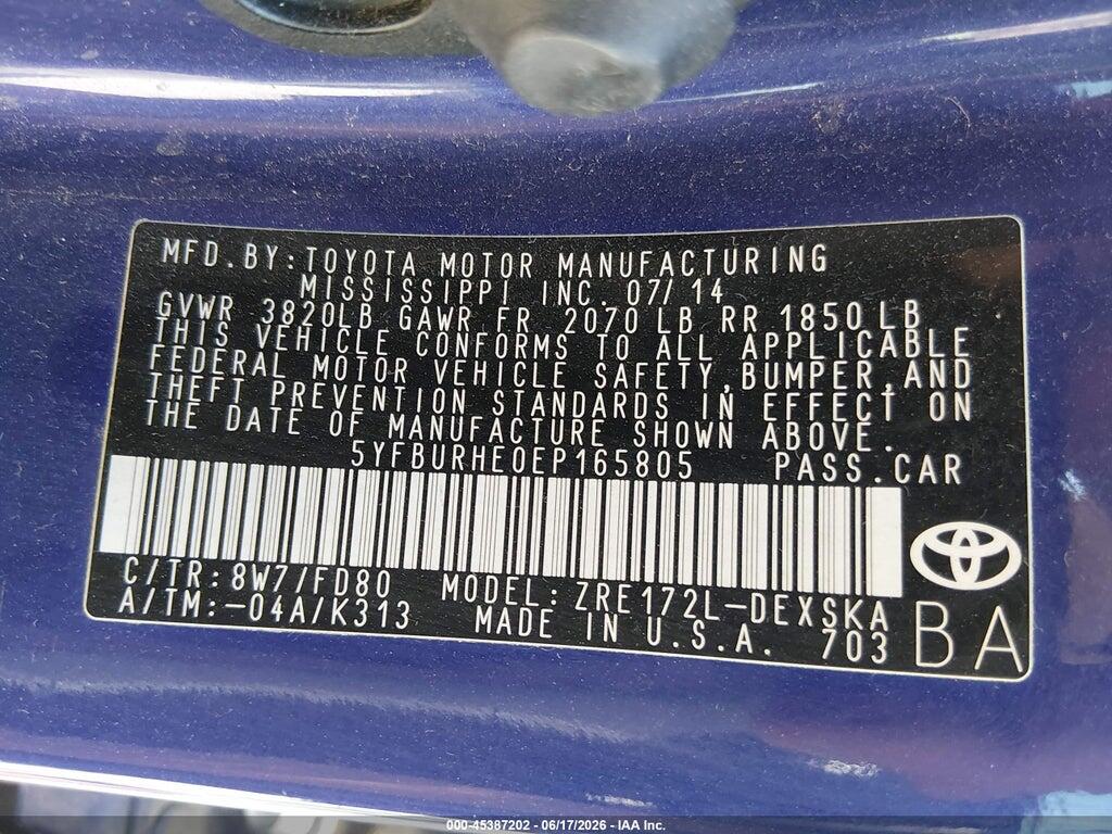 5YFBURHE0EP165805 2014 TOYOTA COROLLA photo no. 9