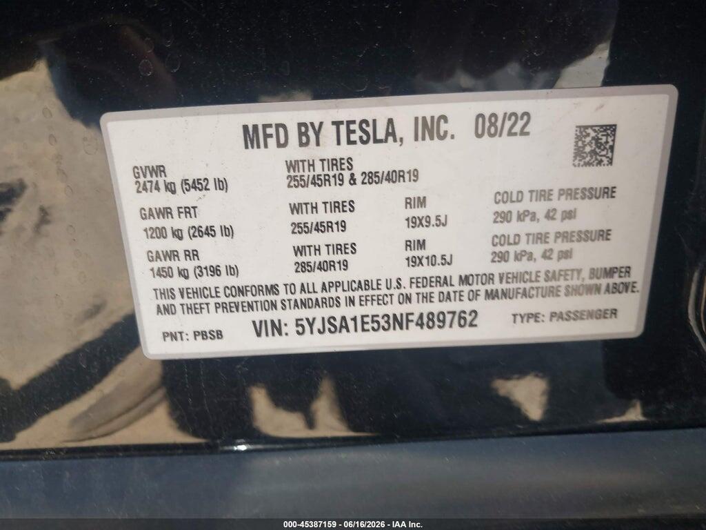 5YJSA1E53NF489762 2022 TESLA MODEL S photo no. 9
