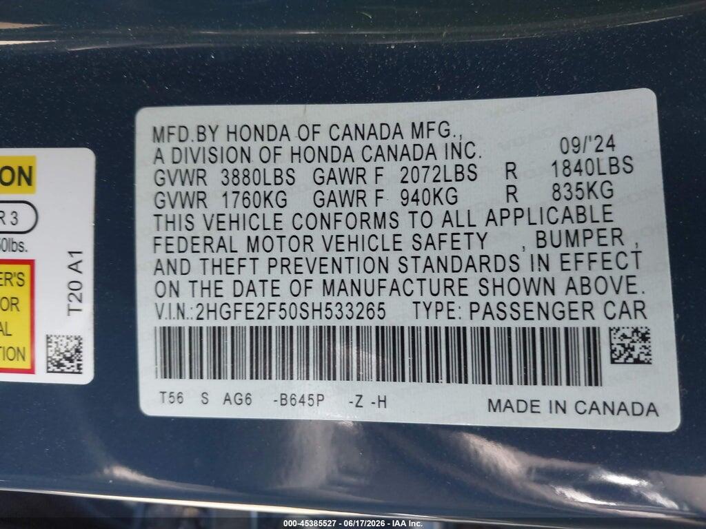 2HGFE2F50SH533265 2025 HONDA CIVIC photo no. 9