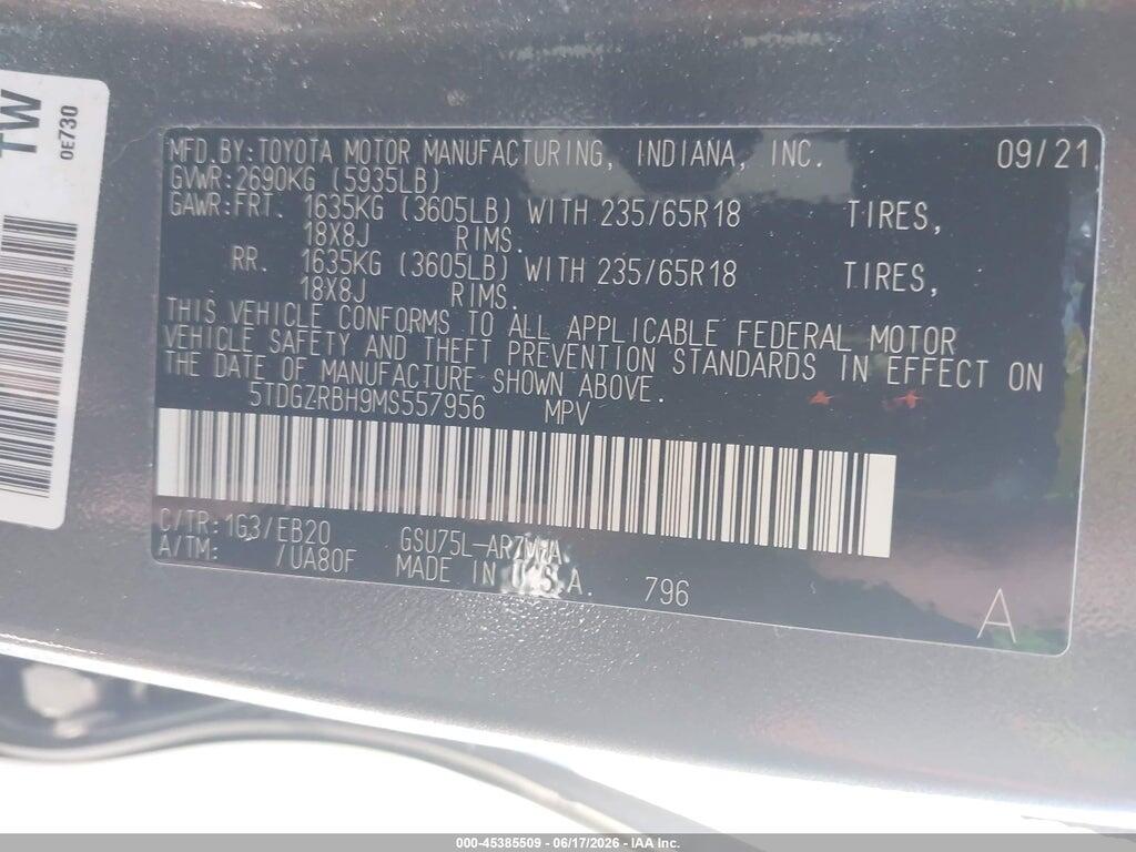 5TDGZRBH9MS557956 2021 TOYOTA HIGHLANDER photo no. 9