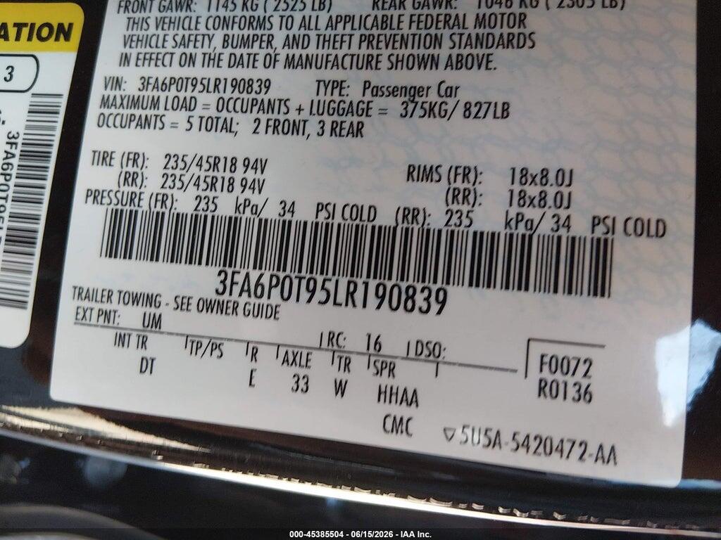 3FA6P0T95LR190839 2020 FORD FUSION photo no. 9