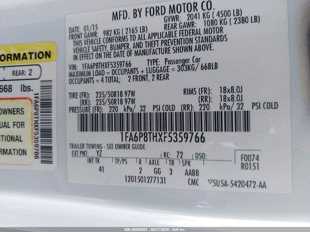 1FA6P8THXF5359766 2015 FORD MUSTANG photo no. 9