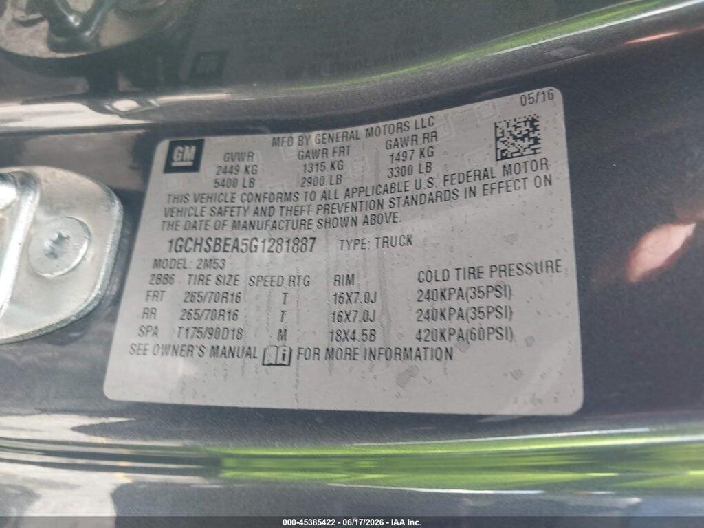 1GCHSBEA5G1281887 2016 CHEVROLET COLORADO photo no. 9