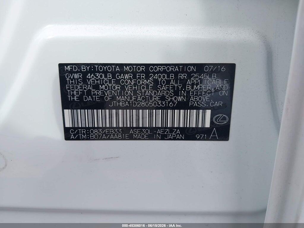 JTHBA1D28G5033167 2016 LEXUS IS 200T photo no. 9