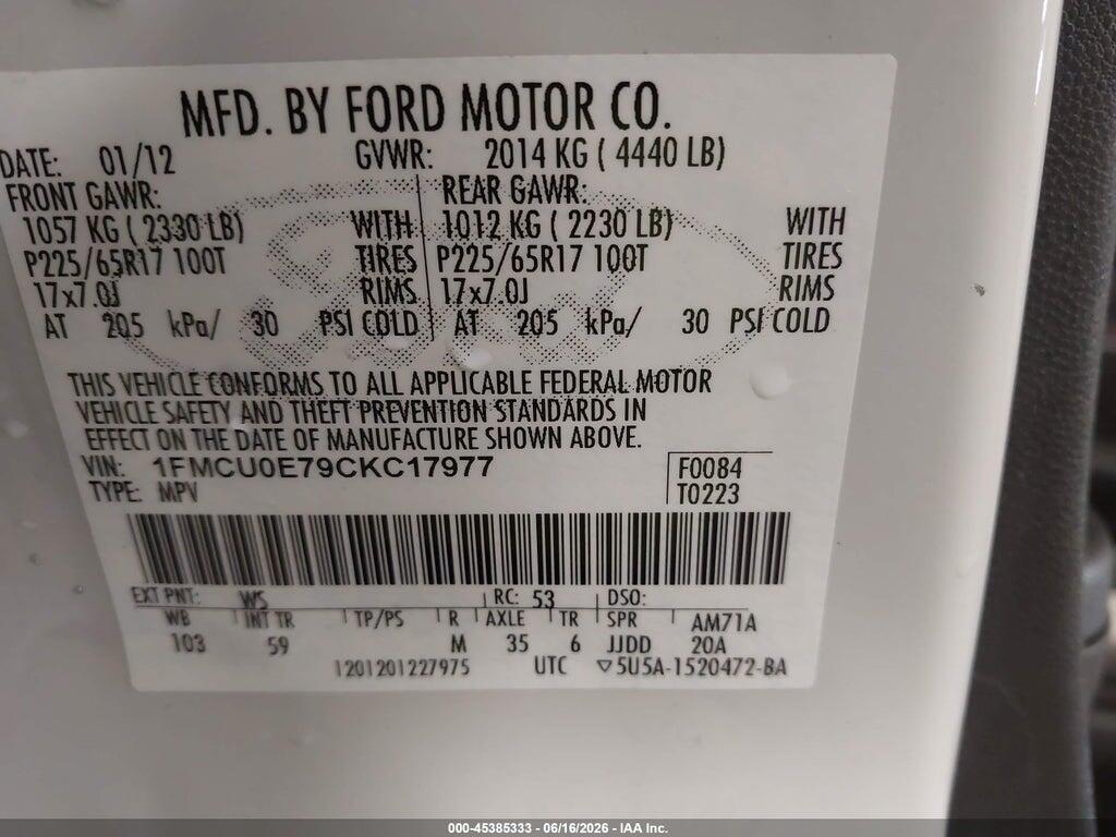 1FMCU0E79CKC17977 2012 FORD ESCAPE photo no. 9