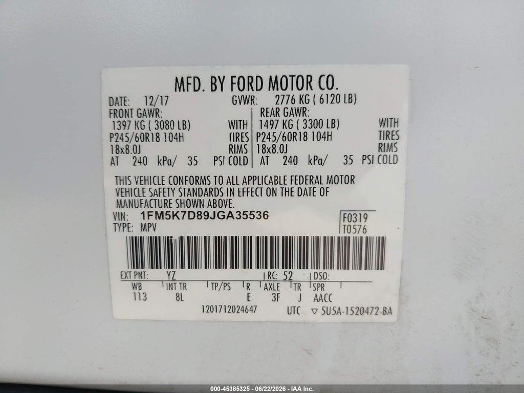 1FM5K7D89JGA35536 2018 FORD EXPLORER photo no. 9