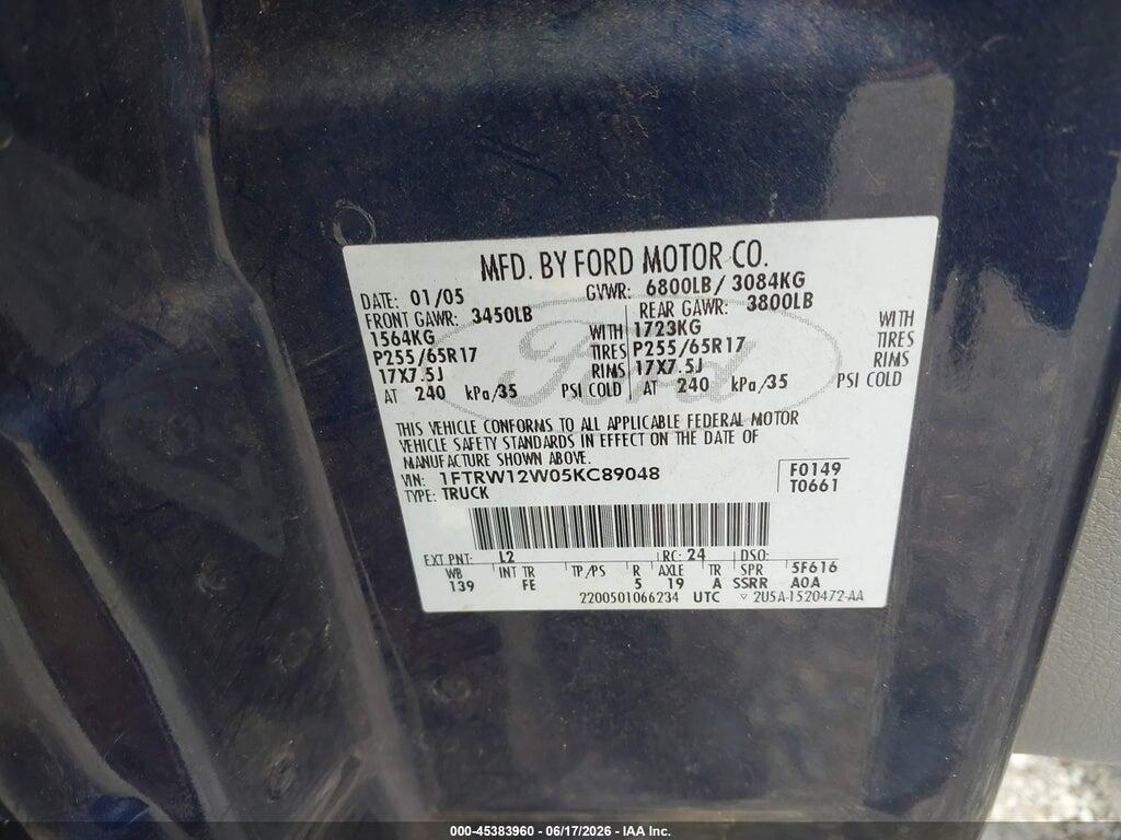 1FTRW12W05KC89048 2005 FORD F-150 photo no. 9