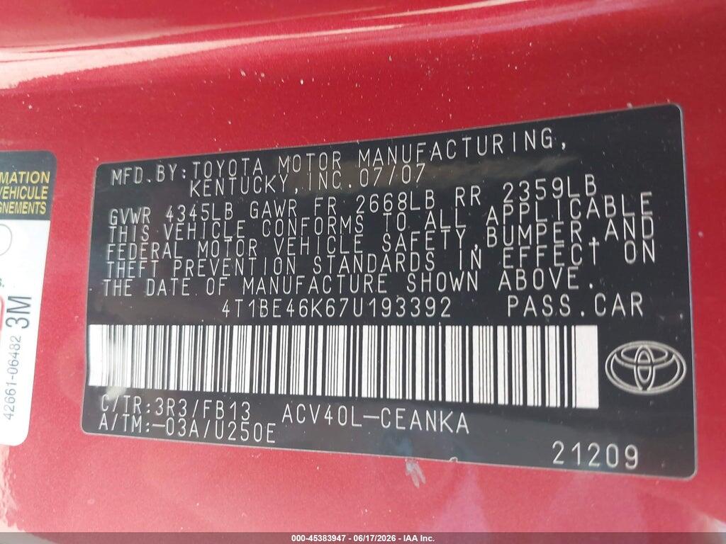 4T1BE46K67U193392 2007 TOYOTA CAMRY photo no. 9