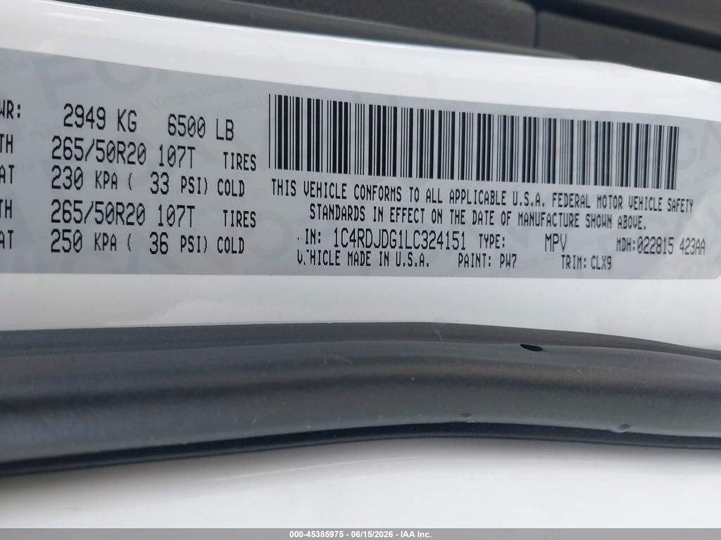 1C4RDJDG1LC324151 2020 DODGE DURANGO photo no. 9