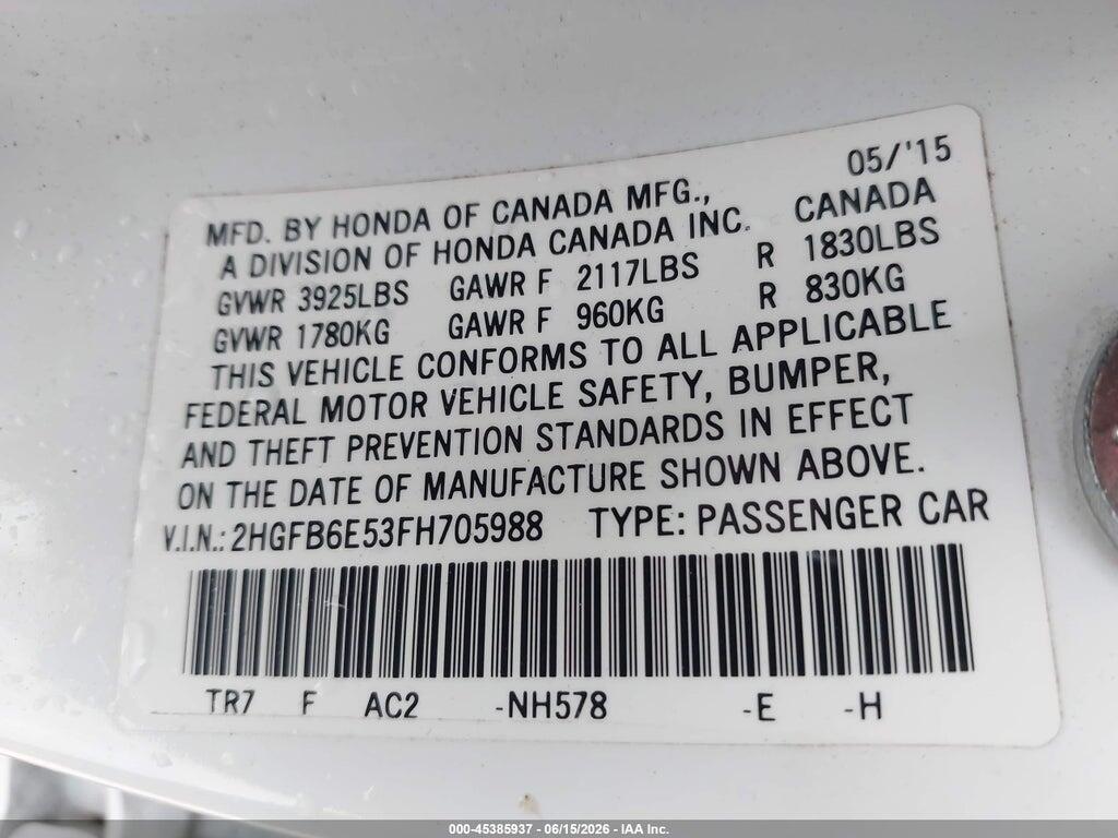 2HGFB6E53FH705988 2015 HONDA CIVIC photo no. 9