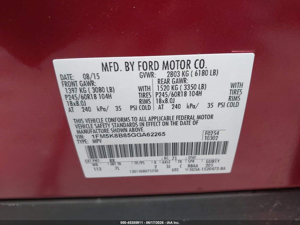 1FM5K8B85GGA62265 2016 FORD EXPLORER photo no. 9